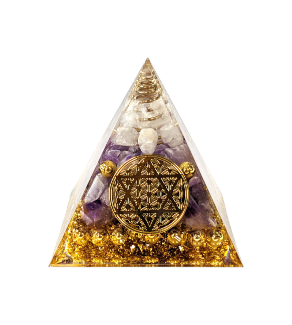 Orgonite Pyramid Rock Crystal & Amethyst Flower of Life Pentacle