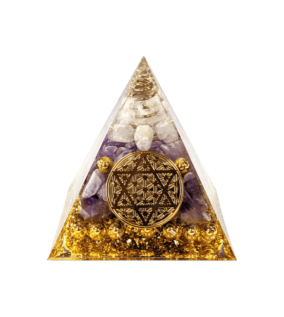 Orgonite Pyramid Rock Crystal & Amethyst Flower of Life Pentacle