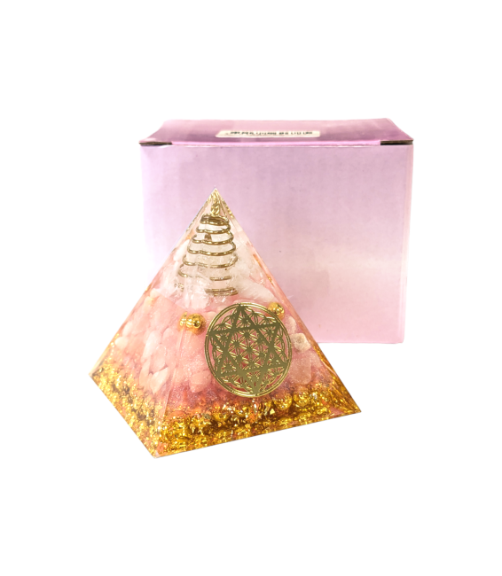 Orgonite Pyramid Rock Crystal & Rose Quartz Flower of Life Pentacle