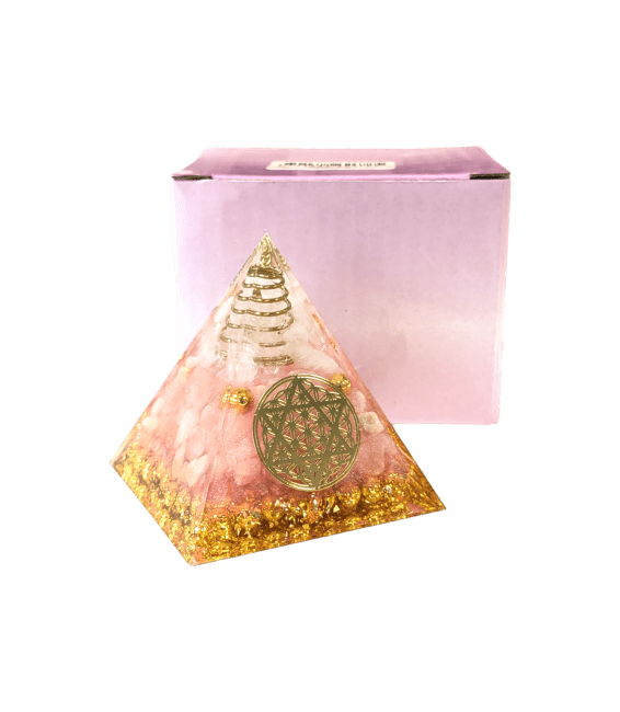 Orgonite Pyramid Rock Crystal & Rose Quartz Flower of Life Pentacle