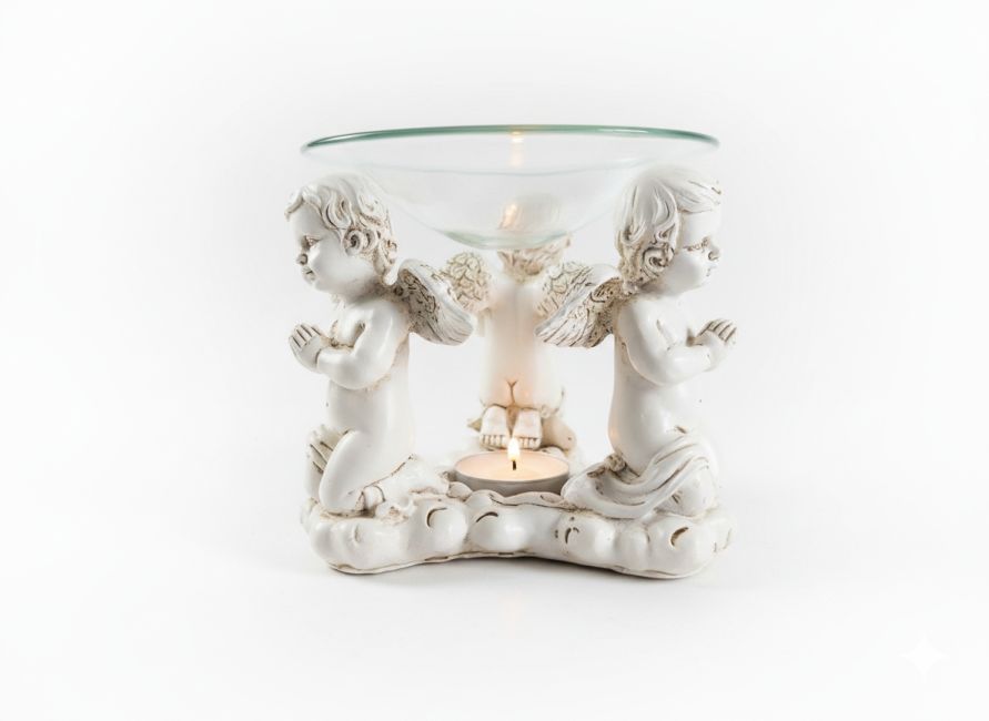 incense at Burner with 3 kneeling white angels|gb