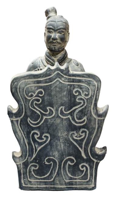Black Archer Statue with Terracotta Shield Kneeling 35cm