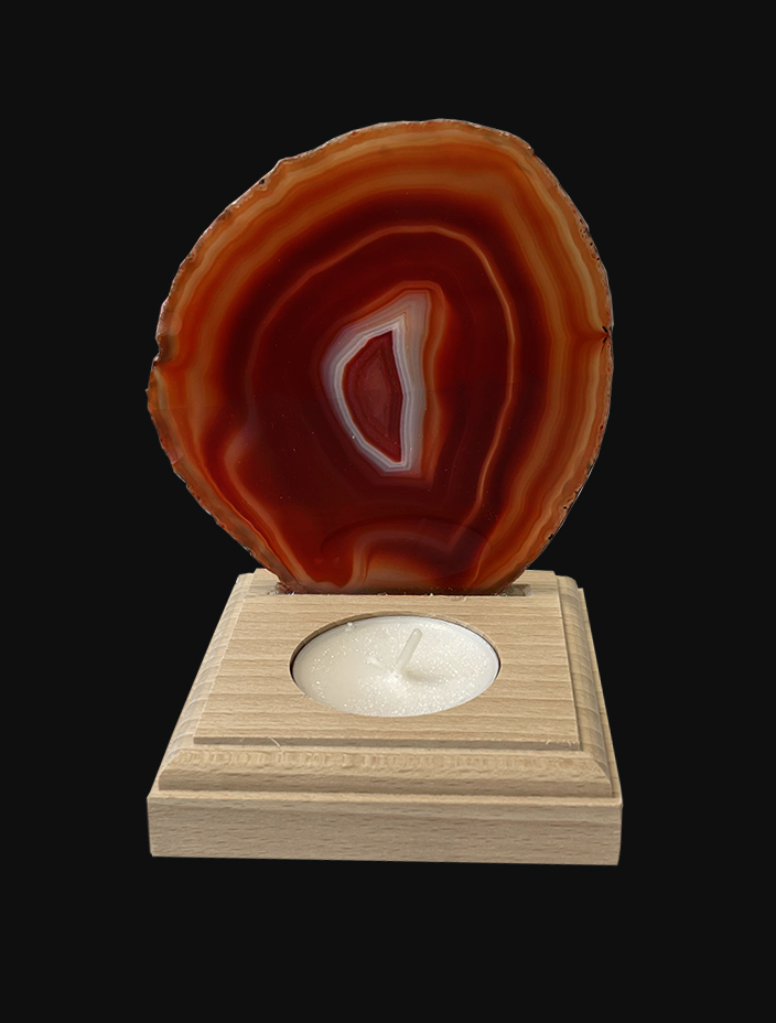 Red Agate slice candle holder on wooden base
