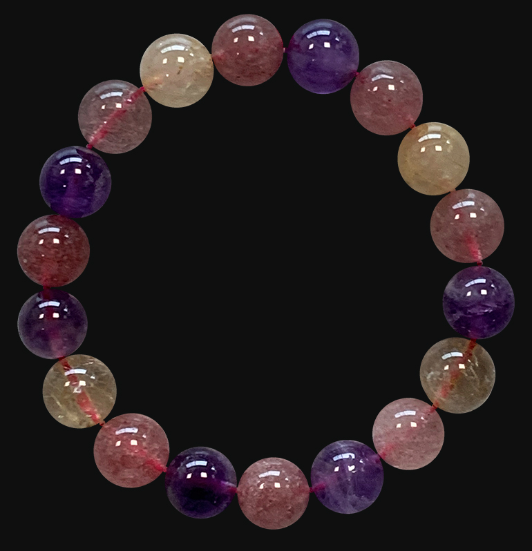 Bracelet Amethyst, Rutilated Quartz, Strawberry Quartz A beads 10mm