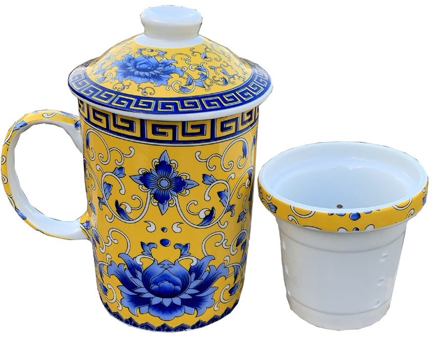 Yellow mug teapot blue flowers 