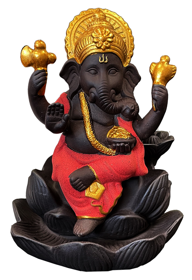 Terracotta red Ganesh on Lotus Backflow Incense Holder 12cm