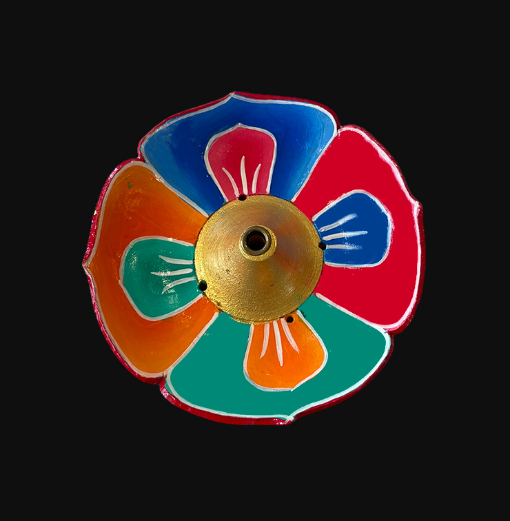 Tibetan incense holder in round painted wood Lotus 9.50cm