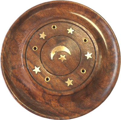 Wooden round incense holder moon & stars 10cm