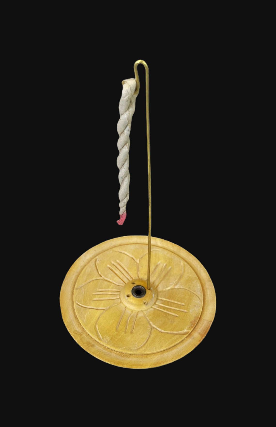 Lotus Carved Round Wood Rope Incense Holder 9.5cm