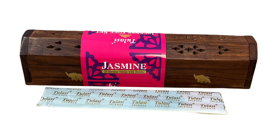 Elephant wooden incense holder 30cm with 20 Jasmine incense Tulasi sticks
