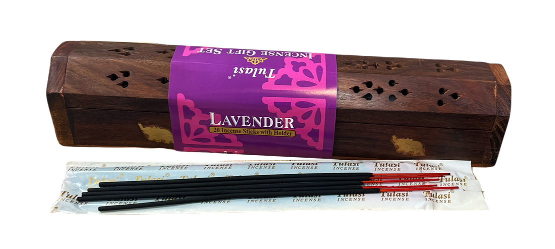 Elephant wooden incense holder 30cm with 20 Lavender incense Tulasi sticks