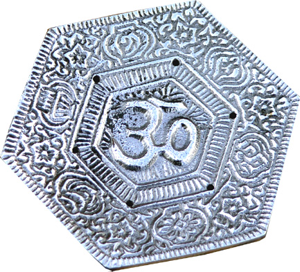 Hexagonal white metal om incense holder 11cm
