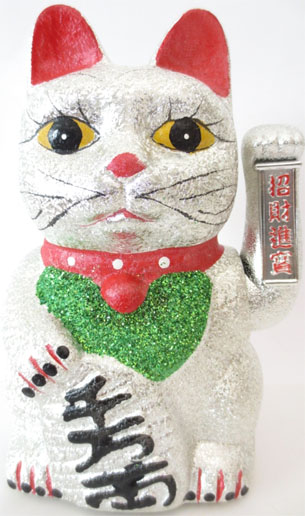 Lucky cat glitter silver with movable arm  21cm