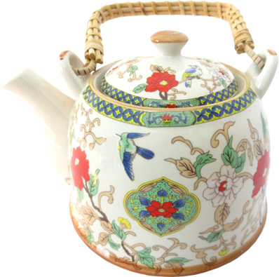 Porcelain white teapot with colored flowers