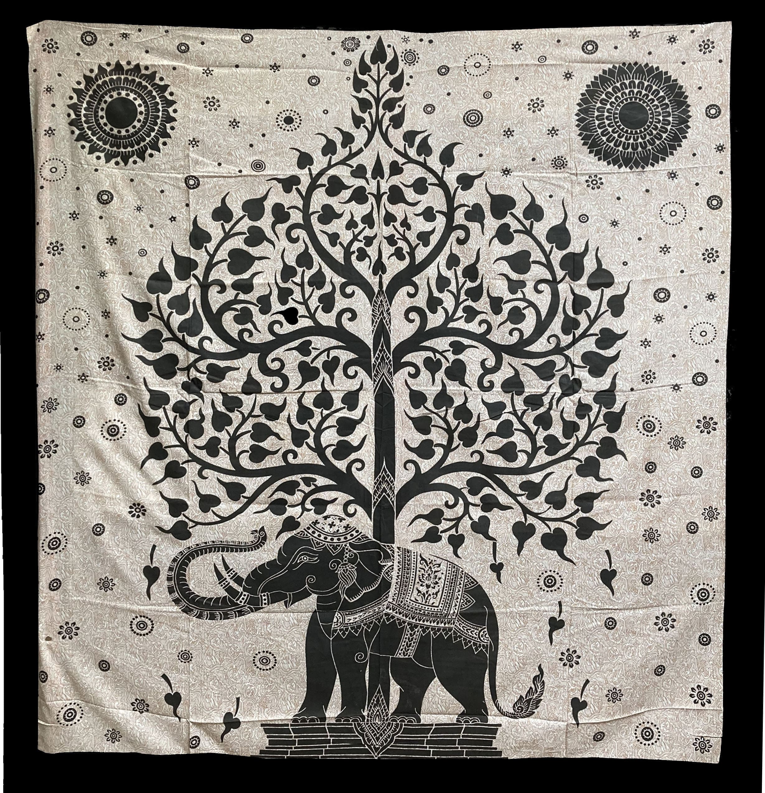 Tree of Life & Elephant White Black and Beige bedsheet