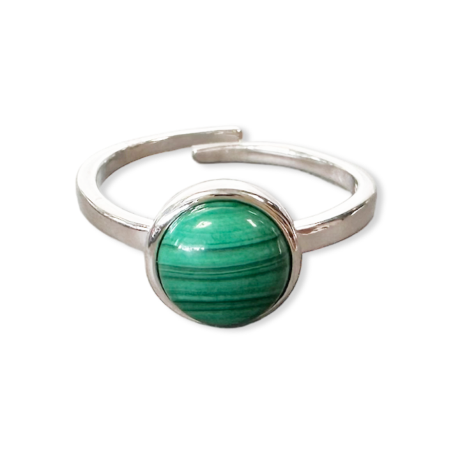 925 Silver Ring Adjustable Round Malachite AAA 8mm