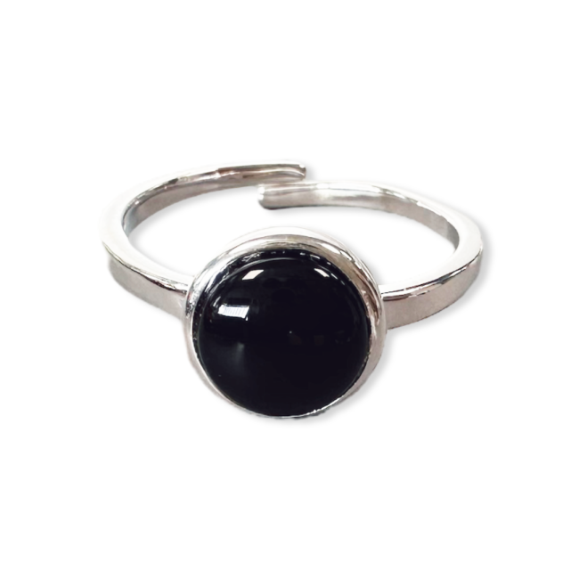 925 Silver Ring Adjustable Round Black Obsidian AA 8mm