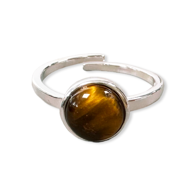925 Silver Ring Adjustable Round Tiger Eye AA 8mm
