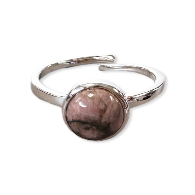 925 Silver Ring Adjustable Round Rhodonite A 8mm