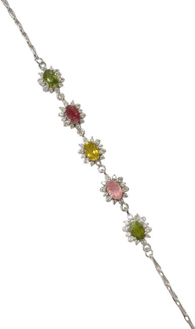 Multicolor AA Tourmaline Bracelet Flowers & Rhinestones 925 Silver