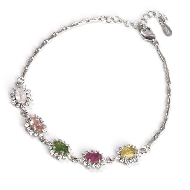 Multicolor AA Tourmaline Bracelet Flowers & Rhinestones 925 Silver