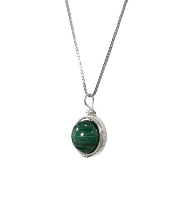 925 Silver Necklace with Malachite Ball Pendant AA 10mm