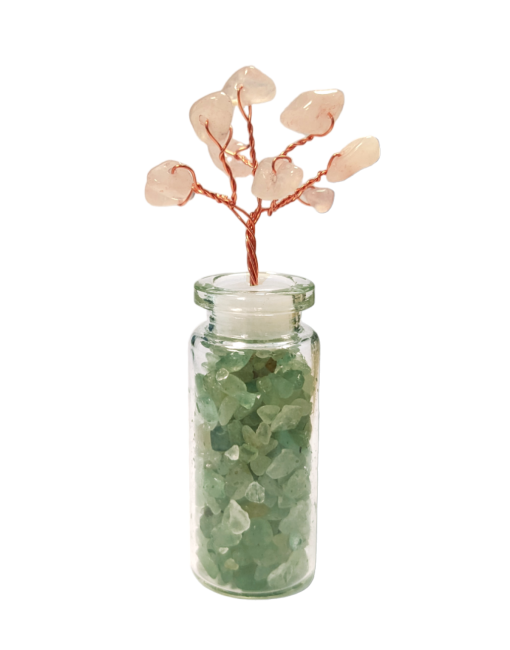Tree of Life Rose Quartz on Vial of Green Aventurine chips 8cm