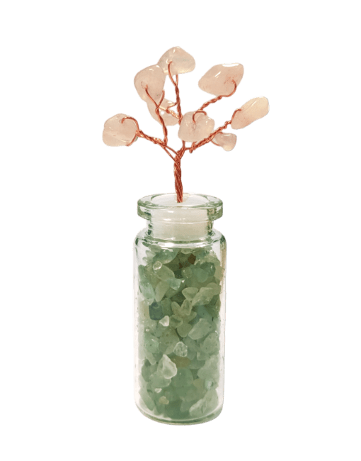 Tree of Life Rose Quartz on Vial of Green Aventurine chips 8cm