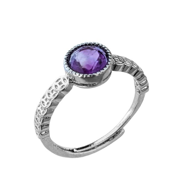 Round Faceted Amethyst AA Adjustable White Copper Ring