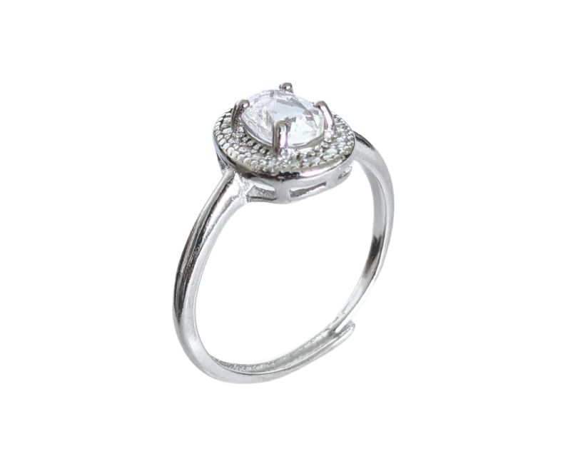 Faceted Oval Ring in White Copper Adjustable Rock Crystal AA