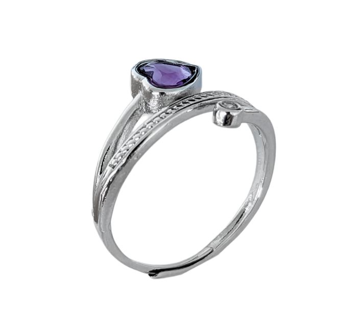 AA Faceted Amethyst Heart Adjustable White Copper Ring