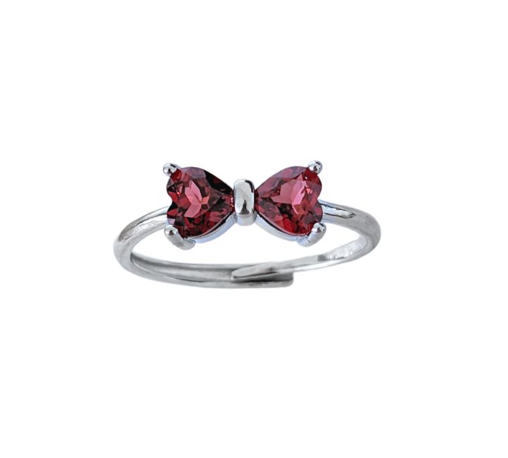 AAA Red Garnet Heart Bow Tie Adjustable White Copper Ring