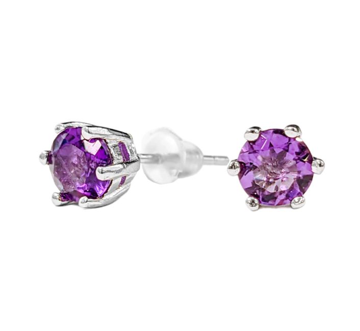Solitaire Earrings in White Copper Faceted Amethyst AA stud