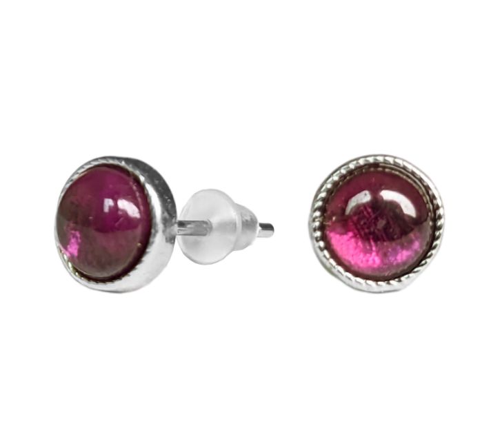 Round White Copper Garnet Red AA Stud Earrings