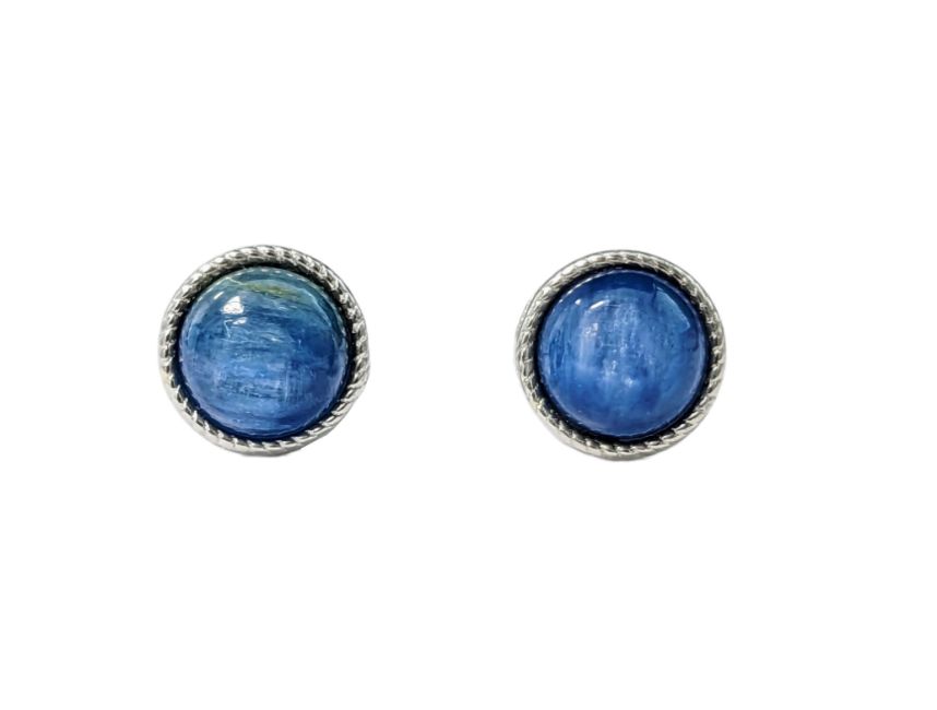 Round Earrings in White Copper Natural Blue Kyanite AAA stud