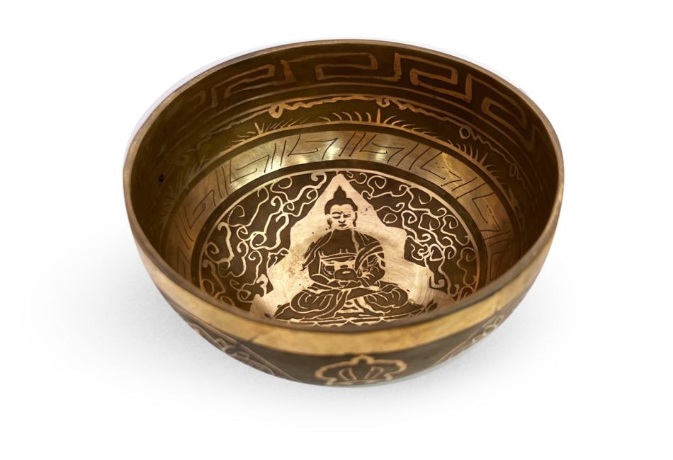 Tibetan singing bowl with carvings - Om - 14cm