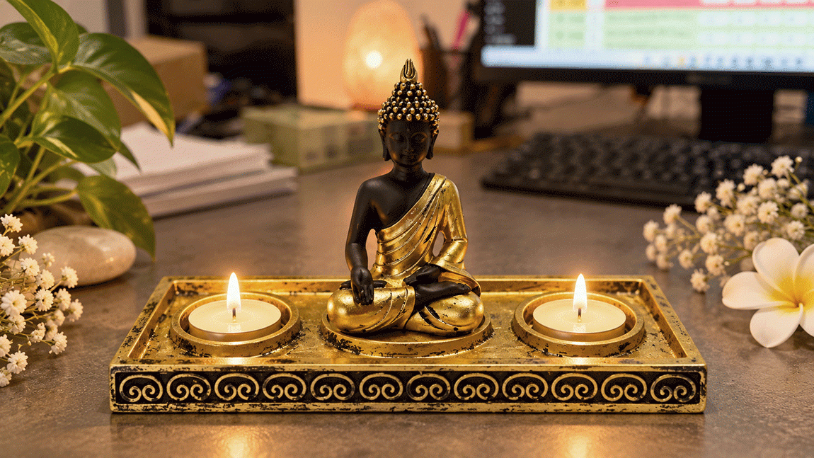 incense at Golden and Black Resin Meditating Buddha Candle Holder, 22 cm|gb