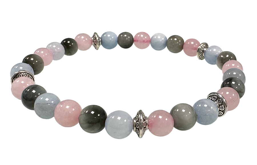 Aquamarine, Rose Quartz, Falcon's eye & Charms A 6mm pearls bracelacet