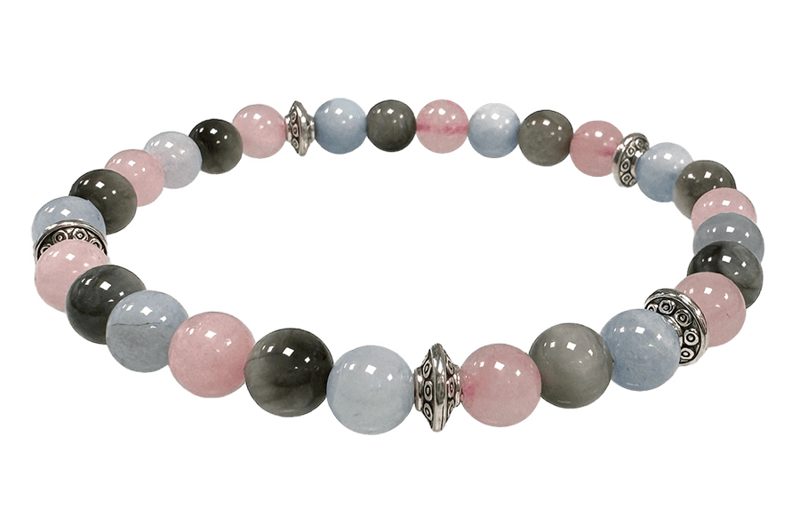 Aquamarine, Rose Quartz, Falcon's eye & Charms A 6mm pearls bracelacet