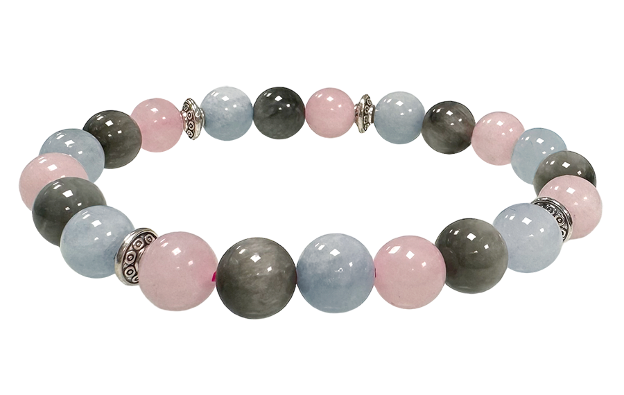 Aquamarine, Rose Quartz, Falcon's eye & Charms A 8mm pearls bracelacet