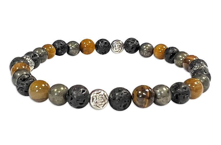 Tiger's eye, Pyrite, Lava Stone & Charms A 6mm pearls bracelacet