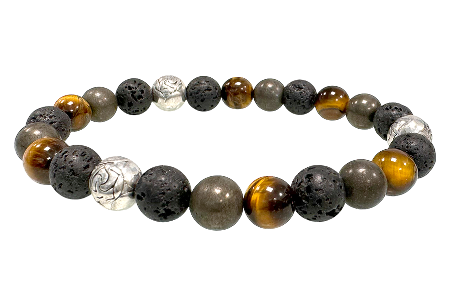 Tiger's eye, Pyrite, Lava Stone & Charms A 8mm pearls bracelacet