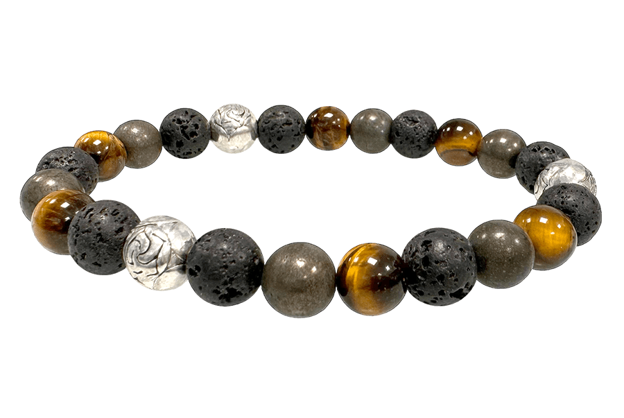 Tiger's eye, Pyrite, Lava Stone & Charms A 8mm pearls bracelacet