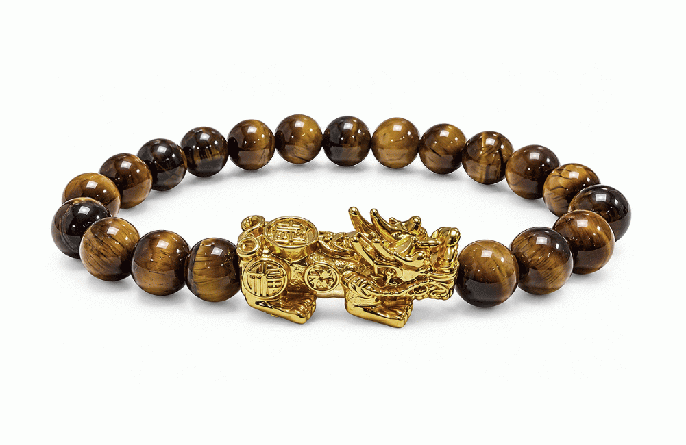 incense at Tiger Eye A Bracelet with Gold-Tone Pixiu and Round Beads 8 mm