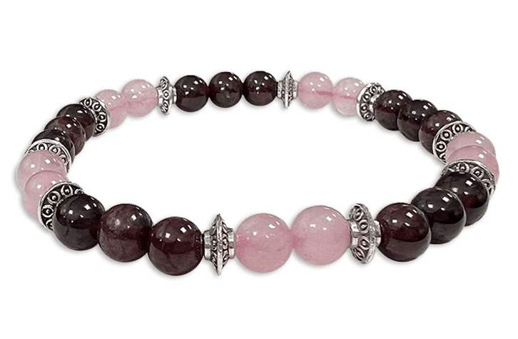 Rose Quartz, Red Garnet & Charms A 6mm pearls bracelacet