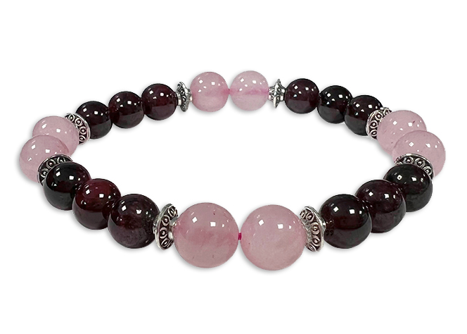 Rose Quartz, Red Garnet & Charms A 8mm pearls bracelacet