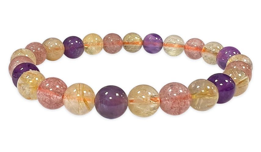 Bracelet Amethyst, Rutilated Quartz, Strawberry Quartz With 8mm beads