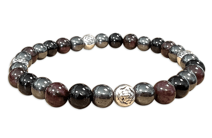 Black turmaline, Red Garnet, Hematite & Charms A 6mm pearls bracelacet