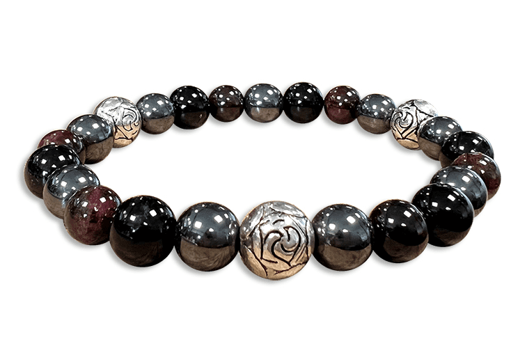 Black turmaline, Red Garnet, Hematite & Charms 8mm pearls bracelacet