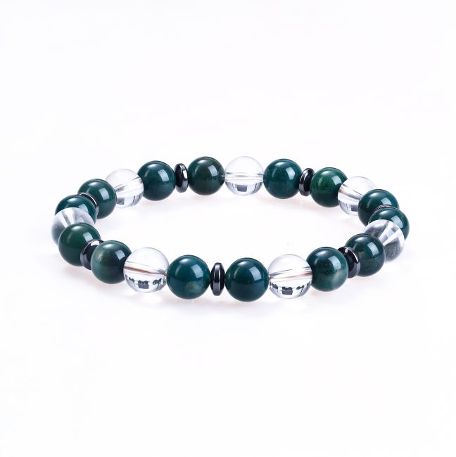 Rock Crystal Bracelet, Moss Agate Beads 8mm